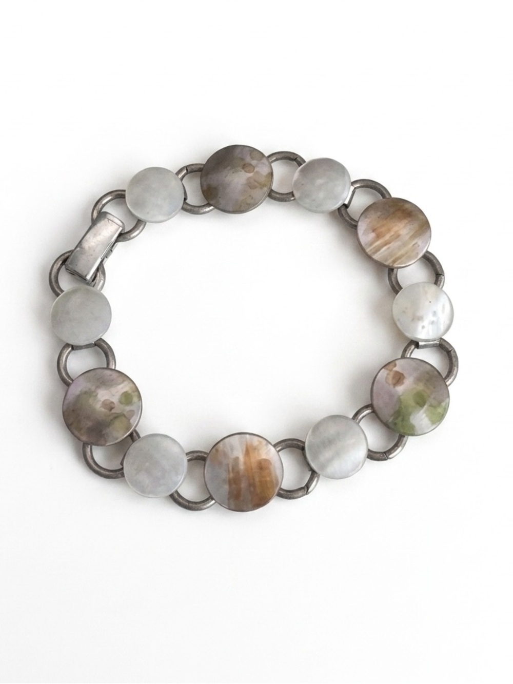 Sterling Silver .925 Mother Of Pearl Cabochon Link Bracelet 7” Bohemian Modern